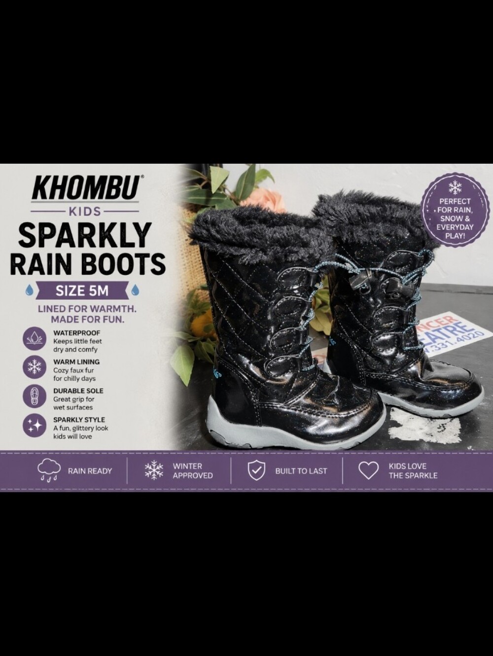 KHOMBU 5M Lined Sparkly Rain Boots Black